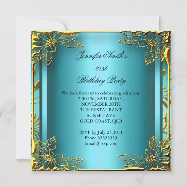 Elite Elegant Birthday Teal Gold Black Damask Invitation (Front)