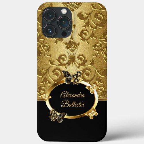 Elite Elegant Damask Floral Butterfly Gold Black  iPhone 13 Pro Max Case