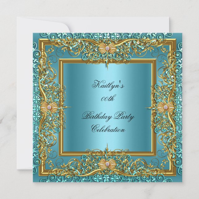 Elite Elegant Teal Gold on Gold Birthday Party Invitation (Front)