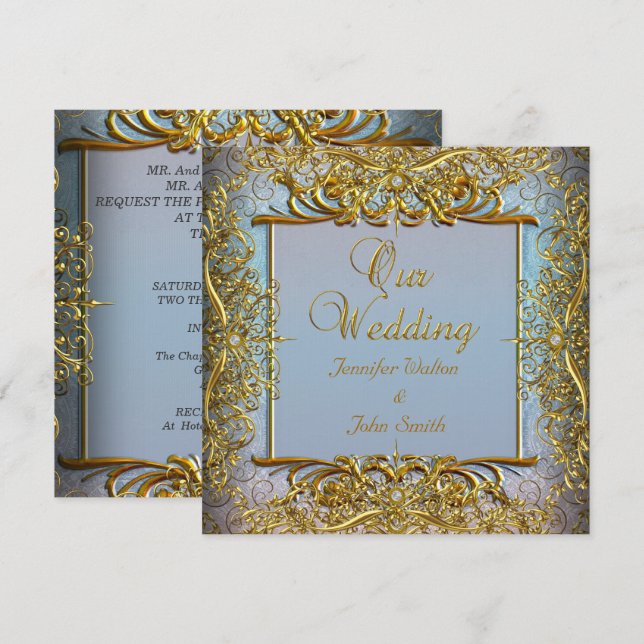 Elite Elegant Wedding Blue Set Beige Gold Invitation (Front/Back)