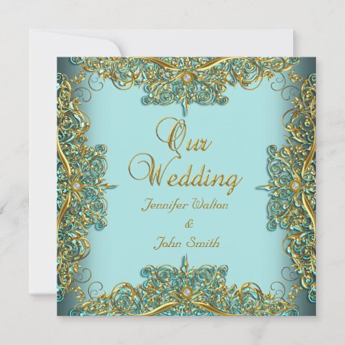 Elite Elegant Wedding Ornate Blue Set Gold Invitations