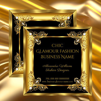 Elite Fashion Designer Black Gold Gems Square Business Card