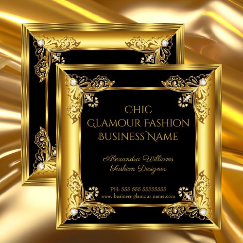 Elite Fashion Designer Black Gold Gems Square Business Card
