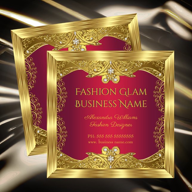 Elite Fashion Designer Red Gold Diamonds Square Business Card (Creator Uploaded)