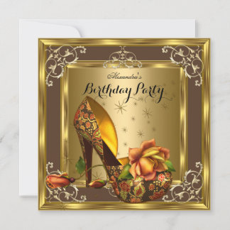 Elite Gold Brown Roses High Heels Birthday Party Invitation