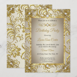 Elite Gold Damask Cream Pearl Birthday Party Invitation