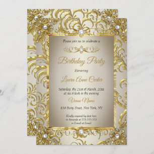 Elite Gold Damask Cream Pearl Birthday Party Invitation