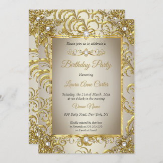 Elite Gold Damask Cream Pearl Birthday Party Invitation