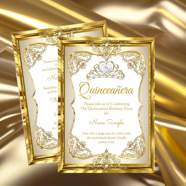Elite Gold White beige Cream Princess Quinceanera Invitation