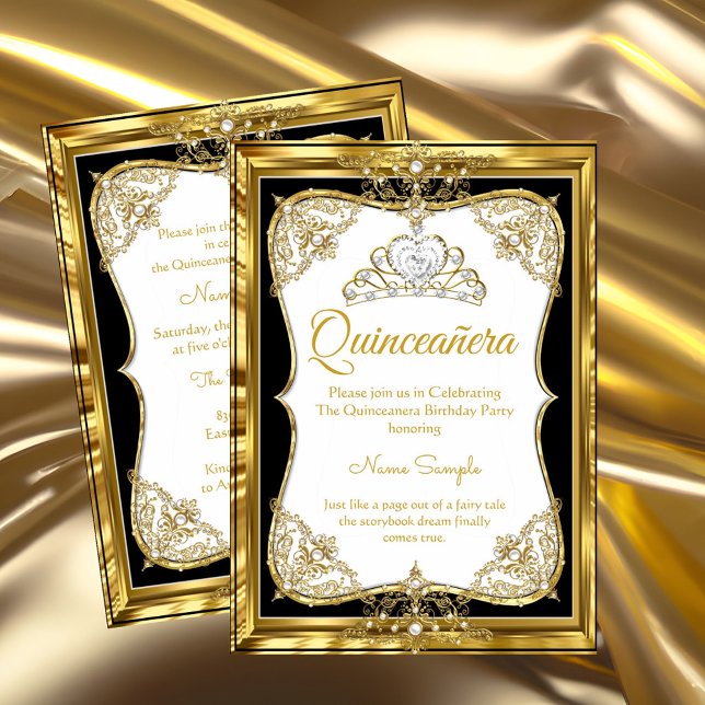 Elite Gold White Black Princess Quinceanera Tiara Invitation (Creator Uploaded)