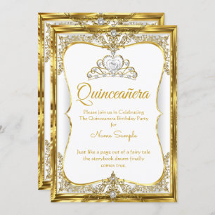 Elite Gold White Pearl Princess Quinceanera Invitation