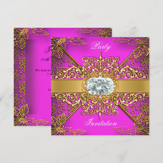 Elite Hot Pink Gold Damask Birthday Party Invitation (Front/Back)