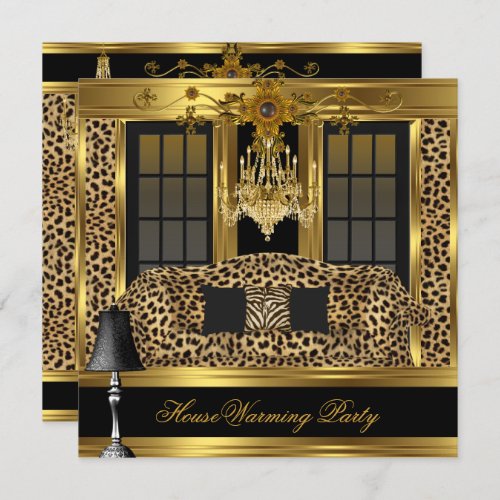 Elite Housewarming Party Chandelier Leopard Gold Invitation