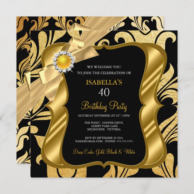 Elite Pearl Gold Bow Black Damask Birthday Invite (Front/Back)