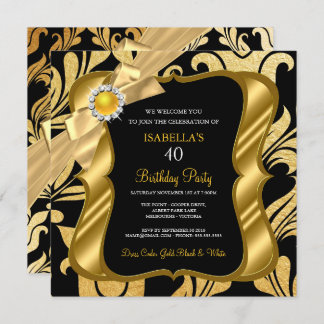 Elite Pearl Gold Bow Black Damask Birthday Invite