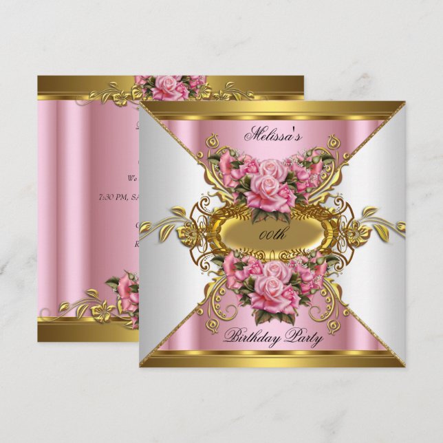 Elite Pink Roses White Gold Birthday Party Invitation (Front/Back)