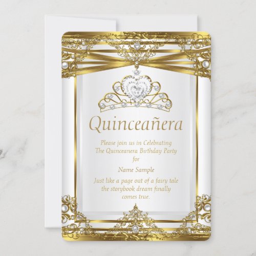 Elite Princess Quinceanera Gold White Pearl Frame Invitation