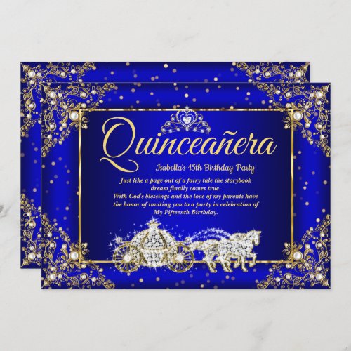 Elite Princess Quinceanera Royal Blue Gold Sparkle Invitation