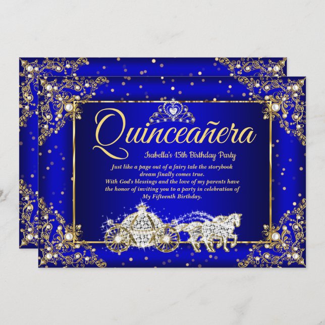 Elite Princess Quinceanera Royal Blue Gold Sparkle Invitation (Front/Back)