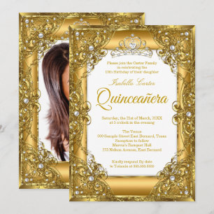 Elite Quinceanera 15th Gold Pearl Tiara Photo Invitation