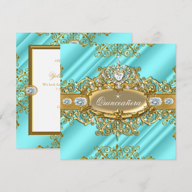Elite Quinceanera Blue Teal Silver Gold 15th Party Invitation (Front/Back)