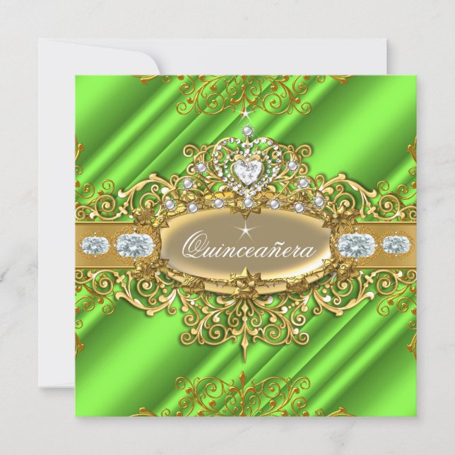 Elite Quinceanera Lime Green Silver Gold Party Invitation (Front)