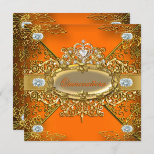 Elite Quinceanera Orange Gold Damask 15th Party Invitation