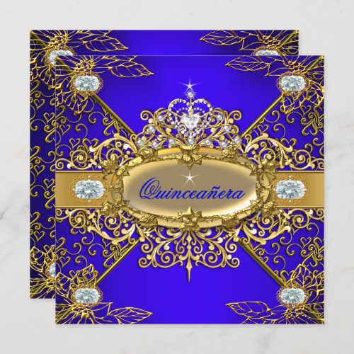 Elite Quinceanera Royal Blue Gold Damask 15th 2 Invitation