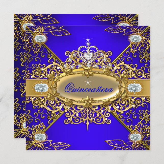 Elite Quinceanera Royal Blue Gold Damask 15th 2 Invitation (Front/Back)