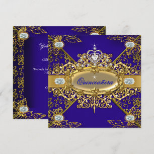 Elite Quinceanera Royal Blue Gold Damask 15th Invitation