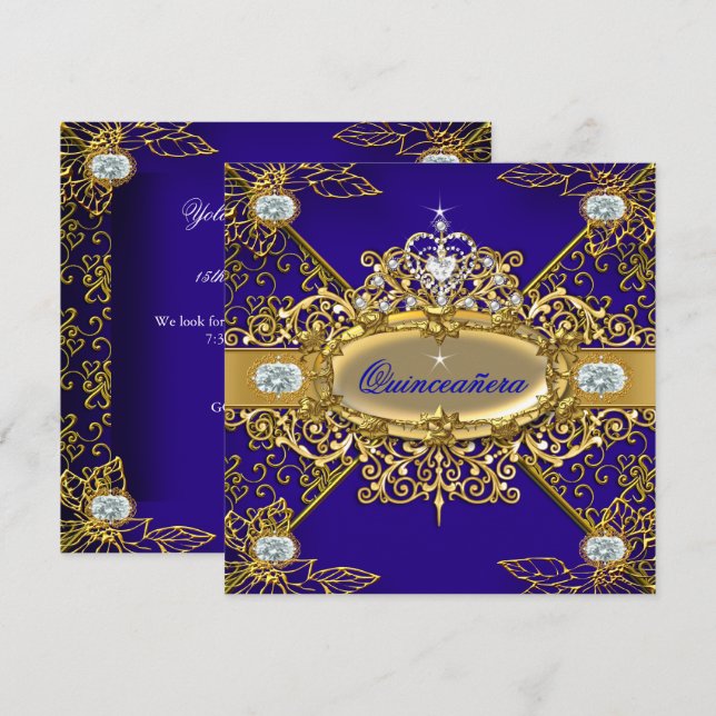 Elite Quinceanera Royal Blue Gold Damask 15th Invitation (Front/Back)