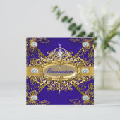 Elite Quinceanera Royal Blue Gold Damask 15th Invitation (Standing Front)