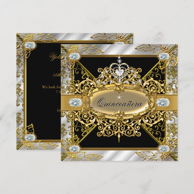 Elite Quinceanera Silver Gold Black Damask 15th Invitation (Front/Back)
