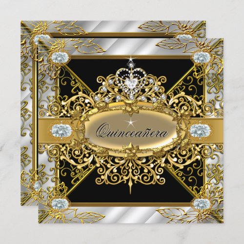 Elite Quinceanera Silver Gold Black Damask 15th Invitation