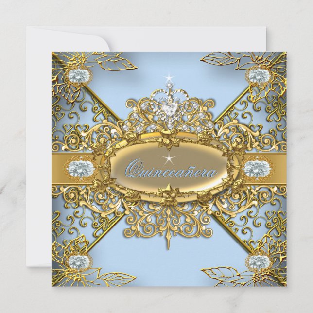 Elite Quinceanera Soft Blue Gold Damask 15th Invitation (Front)