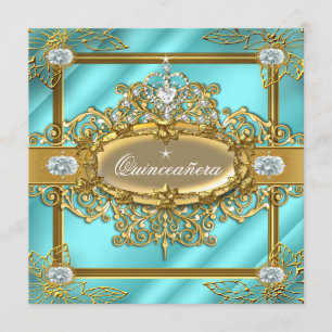 Elite Quinceanera Teal blue Gold Damask 15th Invitation