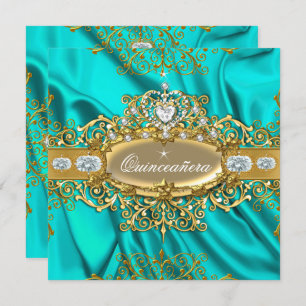 Elite Quinceanera Teal Silk Silver Gold Party Invitation