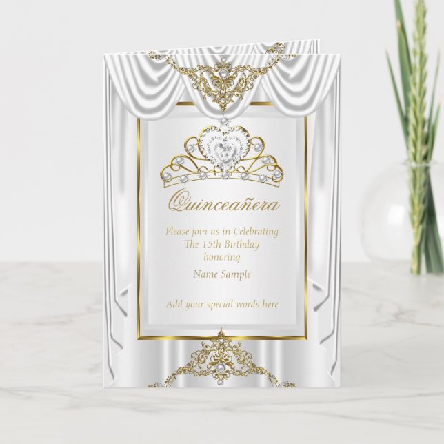 Elite Quinceanera White Silk Gold Pearl Tiara Invitation (Front)