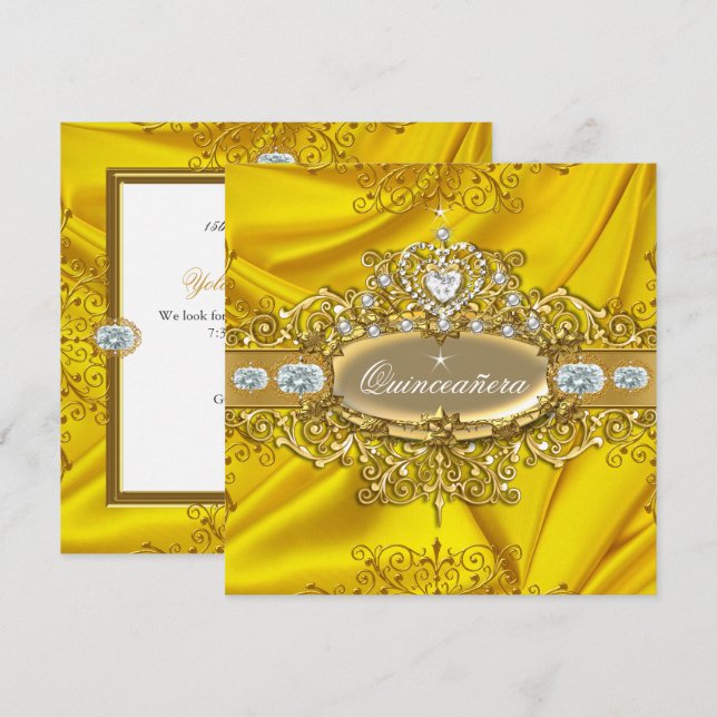 Elite Quinceanera Yellow Silk Silver Gold Party Invitation (Front/Back)