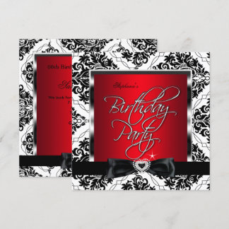 Elite Red Damask Silver Black White Birthday Party Invitation