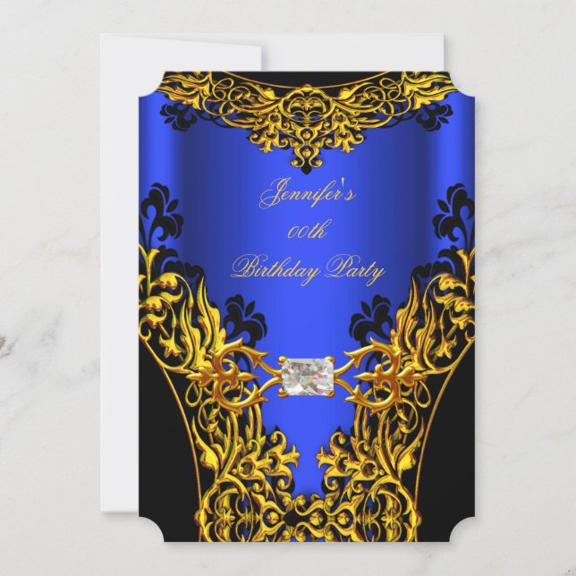 Elite Royal Blue Black Lace Gold Birthday Party Invitation (Front)
