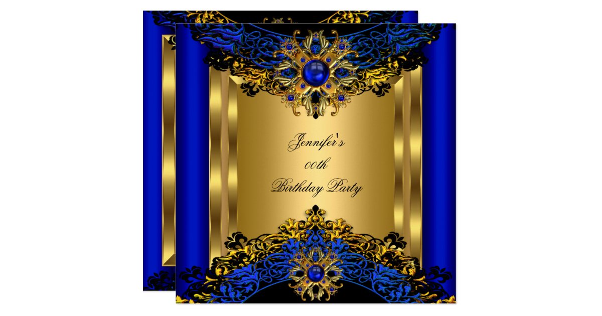 Elite Royal Blue Gem Gold Black Birthday Party 2 Invitation