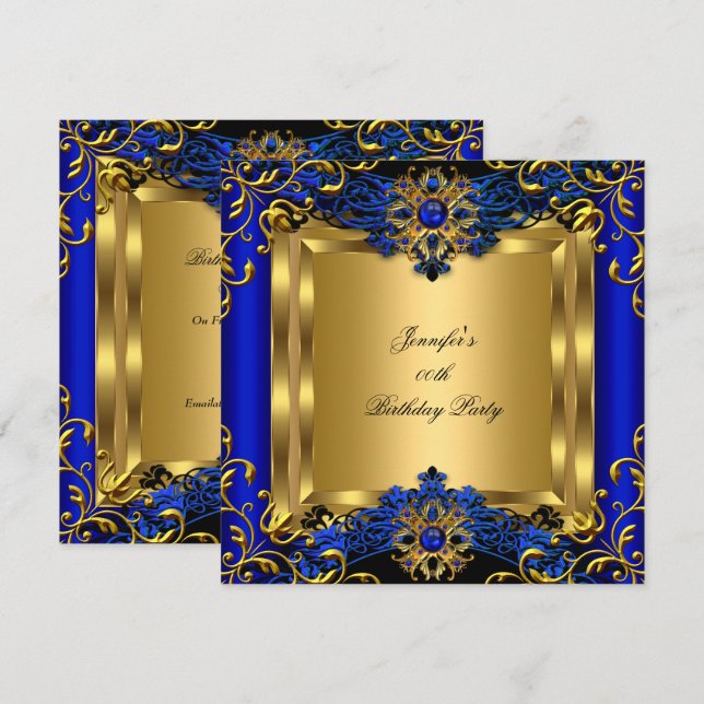 Elite Royal Blue Gem Gold Black Birthday Party 2a Invitation (Front/Back)