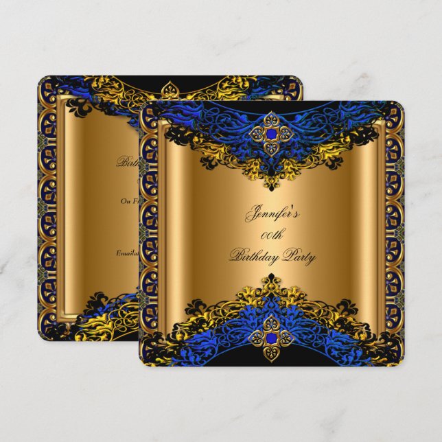 Elite Royal Blue Gold Black Birthday Party 2 Invitation (Front/Back)