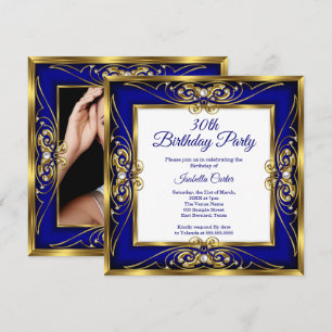 Elite Royal Blue Gold Pearl Photo 30th birthday Invitation