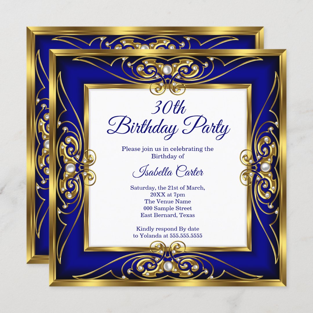 Elite Royal Blue Gold Pearl Photo 30th birthday Invitation | Zazzle