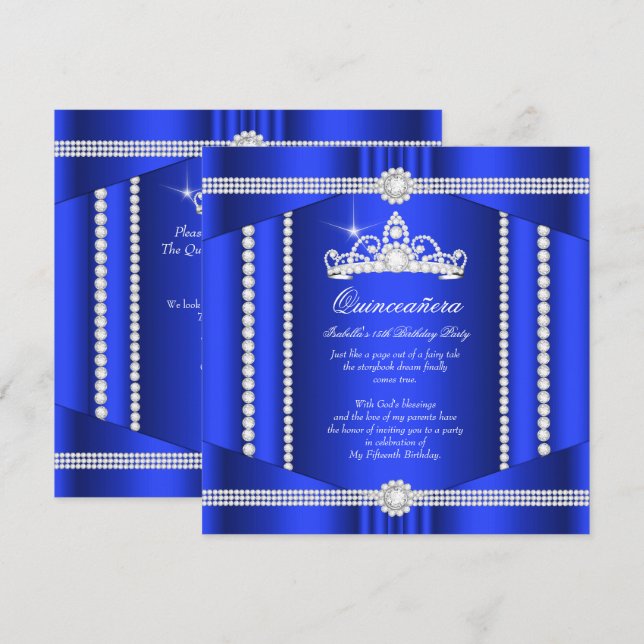 Elite Royal Blue Princess Quinceanera Diamond Invitation (Front/Back)