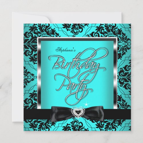 Elite Teal Blue Damask Silver Black Birthday Party Invites