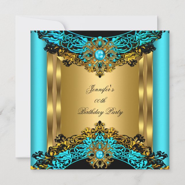 Elite Teal Blue Gem Gold Black Birthday Party Invitation (Front)