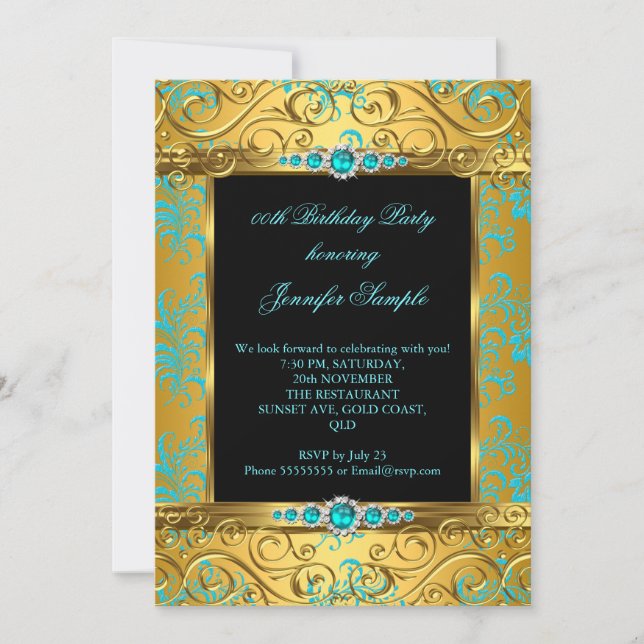 Elite Teal Blue Gold Damask Pearl Birthday Party 4 Invitation (Front)